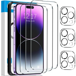 for [3+3 Pack] iPhone 14 Pro Max Screen Protector with Camera Lens Protector, 9H Shatterproof Tempered Glass Film with Easy Installation Frame, HD Clear Sensitive Full Coverage 6.7 Inch