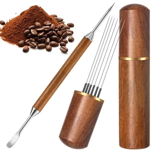 Espresso Coffee Stirrer 6 Needles, Espresso Distribution Tool with Natural Wood Handle and Base, Stainless Steel Latte Art Pen Barista Tools Espresso Accessories Kit for Home Cafe Espresso Coffee Stirrer 6 Needles, Espresso Distribution Tool with Natural Wood Handle and Base, Stainless Steel Latte Art Pen Barista Tools Espresso Accessories Kit for Home Cafe