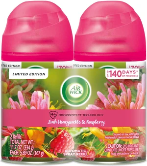Automatic AirFreshener Spray Refill Lush Honeysuckle Raspberry 2ct | Air Wick Automatic air freshener refill spray for home, Lush Honeysuckle & Raspberry scent, infused with essential oils, 2ct Automatic AirFreshener Spray Refill Lush Honeysuckle Raspberry 2ct | Air Wick Automatic air freshener refill spray for home, Lush Honeysuckle & Raspberry scent, infused with essential oils, 2ct