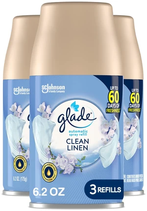 Automatic Spray Air Freshener Refill, Clean Linen, 3 Count | 6.2 oz Each, Home and Bathroom Use, Fits Glade Automatic Spray Holder, Adjustable Timed Fraegrance Release, Odor Fighting Automatic Spray Air Freshener Refill, Clean Linen, 3 Count | 6.2 oz Each, Home and Bathroom Use, Fits Glade Automatic Spray Holder, Adjustable Timed Fraegrance Release, Odor Fighting