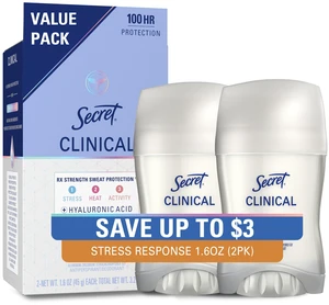 Clinical Antiperspirant Deodorant, Stress Response, 1.6 oz Pack of 2 | 100HR Sweat & Odor Protection for Women | Invisible Solid | Fights 3 Types of Sweat | Pro-Hyaluronic Acid & pH Balancing