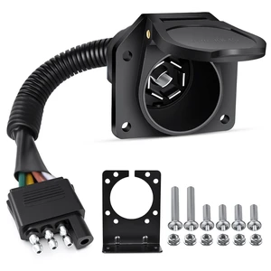 4 Way Flat to 7 Way Round Blade Trailer Adapter Wiring Harness | 4 Pin to 7 Pin Electrical Connect Wiring Plug Connector with Mounting Bracket for RV Truck Factory Tow Package