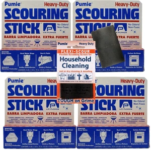 Pumice Scouring Stick + Flexi-Scour Pad, 100% Natural, 4-Pack | Bathroom, Pools and Tubs, Pumice Stone for Toilet Cleaning, Rust and Grills, Pack of 4, Includes a Scouring Pad Too