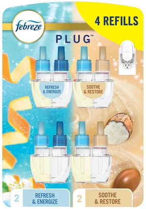 Plug In Air Freshener, Odor-Fighting Scented Oil Refill For Home, Bathroom, & Kitchen, Long Lasting, Refresh & Energize and Soothe & Restore Scents, 0.87oz Refills, 4ct (2 of Each) Plug In Air Freshener, Odor-Fighting Scented Oil Refill For Home, Bathroom, & Kitchen, Long Lasting, Refresh & Energize and Soothe & Restore Scents, 0.87oz Refills, 4ct (2 of Each)