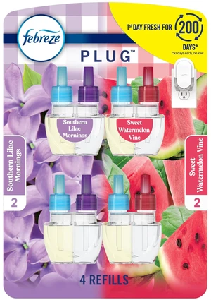 Odor-Fighting Fade Defy PLUG Air Freshener, Southern Lilac Mornings, Sweet Watermelon Vine, Pack of 4 (2 of Each), .79 fl. oz. Oil Refill Odor-Fighting Fade Defy PLUG Air Freshener, Southern Lilac Mornings, Sweet Watermelon Vine, Pack of 4 (2 of Each), .79 fl. oz. Oil Refill