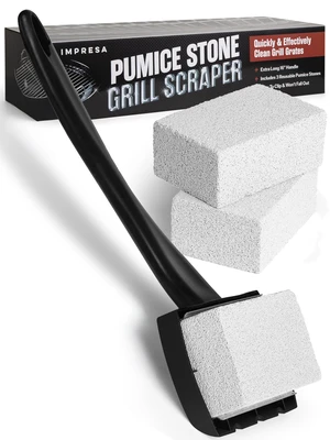 Pumice Stone Grill Brush - 5 x 2 in Head, 16 in Handle, Pack of 3 Replacement Bricks - Grease Removal BBQ Cleaning Stone - Ergonomic Long Handle Griddle Cleaning Kit - Versatile Grill Scraper Pumice Stone Grill Brush - 5 x 2 in Head, 16 in Handle, Pack of 3 Replacement Bricks - Grease Removal BBQ Cleaning Stone - Ergonomic Long Handle Griddle Cleaning Kit - Versatile Grill Scraper