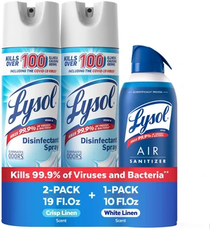 Disinfectant Spray + Air Sanitizer, Crisp Linen & White Linen, 3 Pack | Lysol Disinfecting & Sanitizing Antibacterial Room Spray, Air Sanitizer, Odor Eliminator Deodorizer Spray, Home & Bathroom