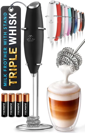 Powerful Milk Frother Wand With Duracell Batteries - Ultra Fast Handheld Drink Mixer - Electric Whisk Foam Maker for Coffee, Lattes, Cappuccino & Matcha - Triple Whisk - Black Powerful Milk Frother Wand With Duracell Batteries - Ultra Fast Handheld Drink Mixer - Electric Whisk Foam Maker for Coffee, Lattes, Cappuccino & Matcha - Triple Whisk - Black