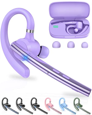 Bluetooth Headset V5.1 72H Talk Dual Mic with Mute Button for Work, Wireless Hand-Free Bluetooth Earpiece with 500mAh Charging Case for Cell Phone Calls Driver (M54, Purple) Bluetooth Headset V5.1 72H Talk Dual Mic with Mute Button for Work, Wireless Hand-Free Bluetooth Earpiece with 500mAh Charging Case for Cell Phone Calls Driver (M54, Purple)