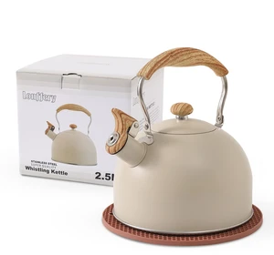 Tea Kettle for Stove Top | 2.5 Quart Whistling Tea Kettle, with Food Grade Stainless Steel and Wood Pattern Folding Handle, Creamy White Tea Kettle for Stove Top | 2.5 Quart Whistling Tea Kettle, with Food Grade Stainless Steel and Wood Pattern Folding Handle, Creamy White