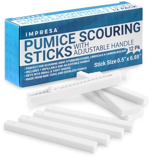 12 Pack Pumice Chisel Sticks - Secure Refillable Scouring Stick Handle - Thin Cleaning Stone for Tight Spaces - Pumice Stone Toilet Bowl Cleaner & Stovetop Cleaner - White & Red