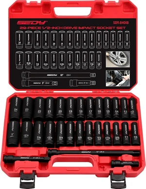29-Piece 1/2" Drive Impact Socket Set, (3/8 to 1 inch) and Metric (10-24mm) Sizes with Extension Bars Standard Deep Socket Set CR-V Material High Durability Impact Wrench