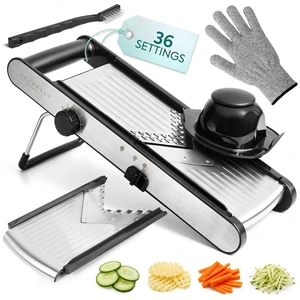 Slicer for Kitchen, Adjustable V-Blade, 36 Slice Options | Make Even Cuts with One Dial, 6 Thickness Levels, Straight, Waffle-Edge, Thick, Julienne, Safety Lock, Gloves, Cleaning Brush Slicer for Kitchen, Adjustable V-Blade, 36 Slice Options | Make Even Cuts with One Dial, 6 Thickness Levels, Straight, Waffle-Edge, Thick, Julienne, Safety Lock, Gloves, Cleaning Brush
