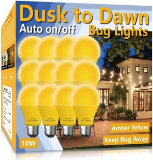 Dusk to Dawn Bug Light Bulb Outdoor,12 Pack Amber Bug Light Bulb,Auto On/Off,10W(100W Equivalent),E26 Base,Bug Lights for Outside.Home Hallway Porch Lights.Decorative Lamps.Bedroom Dusk to Dawn Bug Light Bulb Outdoor,12 Pack Amber Bug Light Bulb,Auto On/Off,10W(100W Equivalent),E26 Base,Bug Lights for Outside.Home Hallway Porch Lights.Decorative Lamps.Bedroom