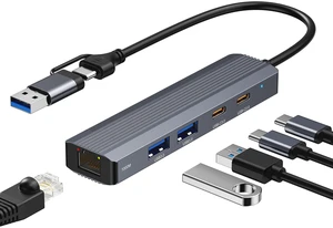 USB C/USB Hub with Ethernet, 5-in-2 USB to Ethernet Adapter for Laptop iPad | Gigabit RJ45 Ethernet Adapter, 2*USB 3.0, 1*USB-C 3.0, 1*USB-C Data Port, for Macbook Air, Ipad Pro USB C/USB Hub with Ethernet, 5-in-2 USB to Ethernet Adapter for Laptop iPad | Gigabit RJ45 Ethernet Adapter, 2*USB 3.0, 1*USB-C 3.0, 1*USB-C Data Port, for Macbook Air, Ipad Pro