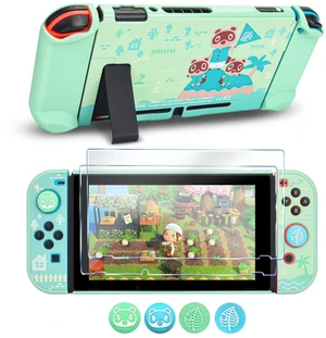 Protective Case Design for Switch Model, Newest Pattern Animal Crossing Design Cover Case with 2 Pcs Glass Screen Protectors and 4 Pcs Cute Thumb Grip Caps Green Accessories Set Protective Case Design for Switch Model, Newest Pattern Animal Crossing Design Cover Case with 2 Pcs Glass Screen Protectors and 4 Pcs Cute Thumb Grip Caps Green Accessories Set