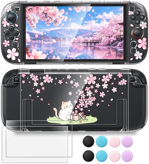 Switch 2 Protective Case with Pink Cherry Blossom Cute Cat Pattern | Dockable PC Hard Cover Shell for Nintendo Switch 2, Accessories with Tempered Glass and Thumb Grip Caps, Kawaii Sakura Switch 2 Protective Case with Pink Cherry Blossom Cute Cat Pattern | Dockable PC Hard Cover Shell for Nintendo Switch 2, Accessories with Tempered Glass and Thumb Grip Caps, Kawaii Sakura