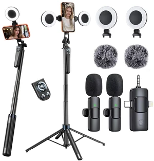 Content Creator Kit 71" Tripod for iPhone with Light, Wireless Mics, Remote | Auto-Open Selfie Stick Tripod, Extendable Cell Phone Stand, Ultimate Phone Holder, Kit for iPhone, TikTok, YouTube Content Creator Kit 71" Tripod for iPhone with Light, Wireless Mics, Remote | Auto-Open Selfie Stick Tripod, Extendable Cell Phone Stand, Ultimate Phone Holder, Kit for iPhone, TikTok, YouTube