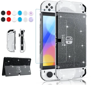 Improved -  Sparkle Case Set for Nintendo Switch OLED 2021, Hard PC Cover for Switch OLED Console and Soft TPU Joy Con Grip Case, Accessories with Screen Protector, 12 Thumb Grip Caps (Glitter)