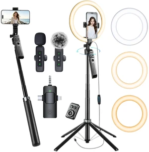 72" Vlogging Kit Tracking Tripod for iPhone 2 Wireless Mics & 10"Ring Light | 360° Rotation Stand with Remote & Gesture Control, LED Light with 3 Color Modes & 9 Brightness Levels for TikTok, YouTube 72" Vlogging Kit Tracking Tripod for iPhone 2 Wireless Mics & 10"Ring Light | 360° Rotation Stand with Remote & Gesture Control, LED Light with 3 Color Modes & 9 Brightness Levels for TikTok, YouTube