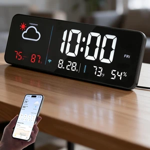 Digital Wall Clock, Large LED Display, Network Auto-Sync Alarm Clock | Real-Time Display, Indoor Temp & Humidity, Outdoor Weather & Temperature, Corded for Bedroom, Living Room, Classroom, Office Digital Wall Clock, Large LED Display, Network Auto-Sync Alarm Clock | Real-Time Display, Indoor Temp & Humidity, Outdoor Weather & Temperature, Corded for Bedroom, Living Room, Classroom, Office