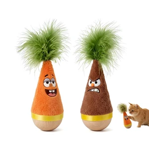 PawCrafter Catnip Wooden Wobble Cat Toy, Carrot Kicker Tumbler | 2 Pack Set, Self-Righting Beechwood Base, Angry and Happy Duo, Bite-Resistant Plush, Silent Battery-Free, 7 Inch, Indoor Cats