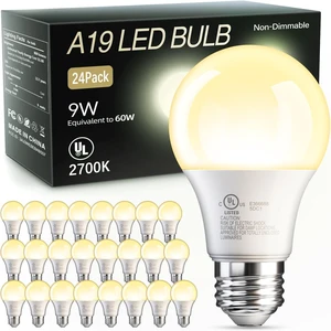 24 Pack A19 LED Light Bulb, Soft Warm White 2700K, 60 Watt Eq E26 Base Efficient 9W, Standard Light Bulb for Lamps, Energy Saving Lightbulb, Non Dimmable, 800LM, 80 CRI, 120V, UL Listed 24 Pack A19 LED Light Bulb, Soft Warm White 2700K, 60 Watt Eq E26 Base Efficient 9W, Standard Light Bulb for Lamps, Energy Saving Lightbulb, Non Dimmable, 800LM, 80 CRI, 120V, UL Listed