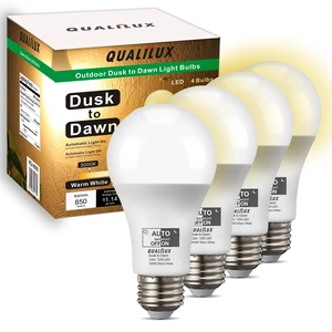 Dusk to Dawn A19 LED Light Bulbs Outdoor, Automatic On/Off, 60W Equivalent, Warm White 3000K, Energy Efficient 9.5W, 850 Lumen, E26 Base, 4-Pack, HQ-H009 Dusk to Dawn A19 LED Light Bulbs Outdoor, Automatic On/Off, 60W Equivalent, Warm White 3000K, Energy Efficient 9.5W, 850 Lumen, E26 Base, 4-Pack, HQ-H009