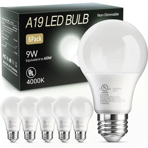 6 Pack A19 LED Light Bulbs, Cool White 4000K, 60 Watt Eq, E26 Base Efficient 9W, Standard Neutral White Lightbulb, Energy Saving, Non Dimmable, 800LM, 80 CRI, 120V, UL Listed 6 Pack A19 LED Light Bulbs, Cool White 4000K, 60 Watt Eq, E26 Base Efficient 9W, Standard Neutral White Lightbulb, Energy Saving, Non Dimmable, 800LM, 80 CRI, 120V, UL Listed