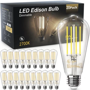 LED Edison Light Bulbs, E26 Dimmable Vintage Bulb, 8W = 60W Equivalent Warm White 2700K, 800LM, E26 Base, ST19/58, 80+ CRI, Clear Glass, Antique Decorative Filament Bulb for Living Room, 20 Pack LED Edison Light Bulbs, E26 Dimmable Vintage Bulb, 8W = 60W Equivalent Warm White 2700K, 800LM, E26 Base, ST19/58, 80+ CRI, Clear Glass, Antique Decorative Filament Bulb for Living Room, 20 Pack