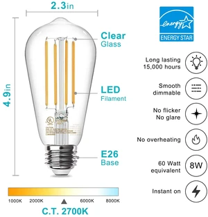 LED Edison Light Bulbs, E26 Dimmable Vintage Bulb, 8W = 60W Equivalent Warm White 2700K, 800LM, E26 Base, ST19/58, 80+ CRI, Clear Glass, Antique Decorative Filament Bulb for Living Room, 10 Pack LED Edison Light Bulbs, E26 Dimmable Vintage Bulb, 8W = 60W Equivalent Warm White 2700K, 800LM, E26 Base, ST19/58, 80+ CRI, Clear Glass, Antique Decorative Filament Bulb for Living Room, 10 Pack