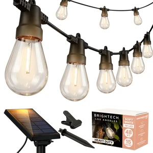 Ambience Pro Solar Powered Outdoor String Lights, 48 ft Commercial Grade Waterproof Patio Lights, 15 Edison Bulbs, Shatterproof LED String Lights for Outside, Porch - 1W Soft White Ambience Pro Solar Powered Outdoor String Lights, 48 ft Commercial Grade Waterproof Patio Lights, 15 Edison Bulbs, Shatterproof LED String Lights for Outside, Porch - 1W Soft White