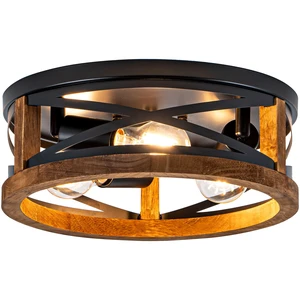 Farmhouse Ceiling Light, 3-Light Flush Mount Ceiling Light with Wood and Black Metal Frame, Round Rustic Light Fixture for Kitchen, Hallway, Entryway Farmhouse Ceiling Light, 3-Light Flush Mount Ceiling Light with Wood and Black Metal Frame, Round Rustic Light Fixture for Kitchen, Hallway, Entryway