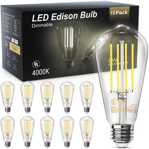 LED Edison Light Bulbs, E26 Dimmable Vintage Bulb, 8W = 60W Equivalent Neutral White 4000K, 800LM, E26 Base, ST19/58, 80+ CRI, Clear Glass, Antique Decorative Filament Bulb for Living Room, 10Pack LED Edison Light Bulbs, E26 Dimmable Vintage Bulb, 8W = 60W Equivalent Neutral White 4000K, 800LM, E26 Base, ST19/58, 80+ CRI, Clear Glass, Antique Decorative Filament Bulb for Living Room, 10Pack