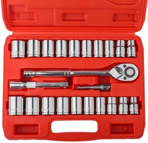 1/2" Drive Socket Set, 23 Piece Standard SAE (7/16 to 1 inch) and Metric (13-19, 21, 22, 24mm) 6 Point, with Quick Release Ratchet, Extension Bars, Drive Drill Adapter 1/2" Drive Socket Set, 23 Piece Standard SAE (7/16 to 1 inch) and Metric (13-19, 21, 22, 24mm) 6 Point, with Quick Release Ratchet, Extension Bars, Drive Drill Adapter