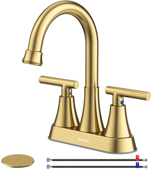 Brushed Gold Bathroom Faucet, 4 inch Centerset 2-Handle Lead-Free Bathroom Sink Faucet with Pop-up Drain and Supply Lines, Stainless Steel Faucet for Vanity RV Restroom Laundry Outdoor Sink Brushed Gold Bathroom Faucet, 4 inch Centerset 2-Handle Lead-Free Bathroom Sink Faucet with Pop-up Drain and Supply Lines, Stainless Steel Faucet for Vanity RV Restroom Laundry Outdoor Sink