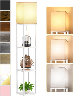 Floor Lamp with Shelves for Living Room White, Shelf Floor Lamp with 3 CCT LED Bulb, Corner Display Standing Column Lamp Etagere Organizer Tower Nightstand with White Linen Shade for Bedroom, Office Floor Lamp with Shelves for Living Room White, Shelf Floor Lamp with 3 CCT LED Bulb, Corner Display Standing Column Lamp Etagere Organizer Tower Nightstand with White Linen Shade for Bedroom, Office