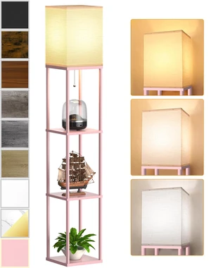 Pink Floor Lamp with Shelves for Living Room, Shelf Floor Lamp with 3 CCT LED Bulb, Corner Display Standing Column Lamp Etagere Organizer Tower Nightstand with White Linen Shade for Bedroom, Office Pink Floor Lamp with Shelves for Living Room, Shelf Floor Lamp with 3 CCT LED Bulb, Corner Display Standing Column Lamp Etagere Organizer Tower Nightstand with White Linen Shade for Bedroom, Office