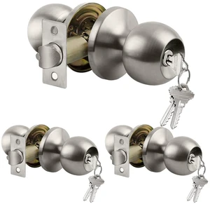3 Pack Door Knob with Lock and Key, Keyed Different, Satin Nickel Entry Door Knob, for Entrance and Front Door 3 Pack Door Knob with Lock and Key, Keyed Different, Satin Nickel Entry Door Knob, for Entrance and Front Door
