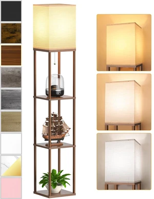 Floor Lamp with Shelves for Living Room Walnut Brown, Shelf Floor Lamp with 3 CCT LED Bulb, Corner Display Standing Column Lamp Etagere Organizer Tower Nightstand with White Linen Shade for Bedroom Floor Lamp with Shelves for Living Room Walnut Brown, Shelf Floor Lamp with 3 CCT LED Bulb, Corner Display Standing Column Lamp Etagere Organizer Tower Nightstand with White Linen Shade for Bedroom