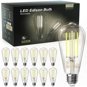 12 Pack Edison LED Light Bulbs, E26 Base, 8W 5000K, Dimmable Vintage ST58 Filament Design, 60W Equivalent, 800 Lumens, CRI 80+, Antique Glass Style for Home, Bedroom & Farmhouse 12 Pack Edison LED Light Bulbs, E26 Base, 8W 5000K, Dimmable Vintage ST58 Filament Design, 60W Equivalent, 800 Lumens, CRI 80+, Antique Glass Style for Home, Bedroom & Farmhouse
