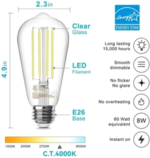 12 Pack Edison LED Light Bulbs, E26 Base, 8W 4000K, Dimmable Vintage ST58 Filament Design, 60W Equivalent, 800 Lumens, CRI 80+, Antique Glass Style for Home, Bedroom & Farmhouse 12 Pack Edison LED Light Bulbs, E26 Base, 8W 4000K, Dimmable Vintage ST58 Filament Design, 60W Equivalent, 800 Lumens, CRI 80+, Antique Glass Style for Home, Bedroom & Farmhouse