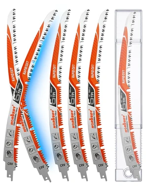 15 Inch Reciprocating Saw Blades, 5 Pack, 6TPI Japanese Teeth Arc Edge CR-V Steel Pruning Saw Blades for Tree Trimming and Wood Cutting, with Storage Case 15 Inch Reciprocating Saw Blades, 5 Pack, 6TPI Japanese Teeth Arc Edge CR-V Steel Pruning Saw Blades for Tree Trimming and Wood Cutting, with Storage Case