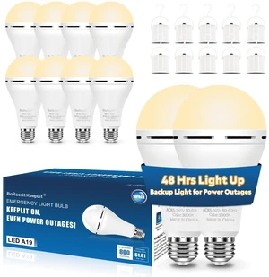 KeepLit 10 Pack Emergency Rechargeable Light Bulbs, 48H Long Lasting & 3 Brightness Power Outage Light,12W 3000K Battery Backup Emergency Light Bulbs for Home Power Failure Hurricane KeepLit 10 Pack Emergency Rechargeable Light Bulbs, 48H Long Lasting & 3 Brightness Power Outage Light,12W 3000K Battery Backup Emergency Light Bulbs for Home Power Failure Hurricane