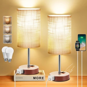 Bedside Table Lamp Set of 2, 13.8" Small Lamp for Bedroom Nightstand AC Outlet,3 Dimmable,Rocker Switch,Gray Fabric Lampshade,Brown Base,Nightstand Desk Lamp for Living Room Home Decor Lights Bedside Table Lamp Set of 2, 13.8" Small Lamp for Bedroom Nightstand AC Outlet,3 Dimmable,Rocker Switch,Gray Fabric Lampshade,Brown Base,Nightstand Desk Lamp for Living Room Home Decor Lights