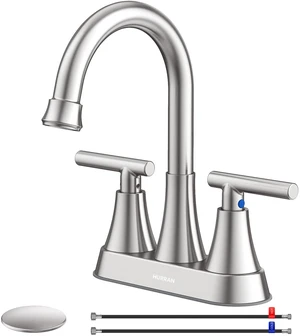 Bathroom Faucet, 4 inch Centerset 2-Handle Lead-Free, Brushed Nickel Bathroom Sink Faucet with Pop-up Drain and Supply Lines, Stainless Steel Faucet for Vanity RV Restroom Laundry Outdoor Sink Bathroom Faucet, 4 inch Centerset 2-Handle Lead-Free, Brushed Nickel Bathroom Sink Faucet with Pop-up Drain and Supply Lines, Stainless Steel Faucet for Vanity RV Restroom Laundry Outdoor Sink