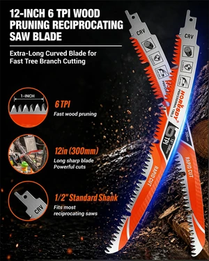 12 Inch Reciprocating Saw Blades, 5 Pack, 6TPI Japanese Teeth Arc Edge CR-V Steel Pruning Saw Blades for Tree Trimming and Wood Cutting, with Storage Case 12 Inch Reciprocating Saw Blades, 5 Pack, 6TPI Japanese Teeth Arc Edge CR-V Steel Pruning Saw Blades for Tree Trimming and Wood Cutting, with Storage Case
