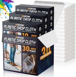 12 x 9 Ft Plastic Drop Cloths for Painting (30-Pack) Plastic Painter's Sheeting & Tarps for Painting Supplies, Waterproof & Dust-proof Furniture/Couch/Floor Protection Cover 12 x 9 Ft Plastic Drop Cloths for Painting (30-Pack) Plastic Painter's Sheeting & Tarps for Painting Supplies, Waterproof & Dust-proof Furniture/Couch/Floor Protection Cover