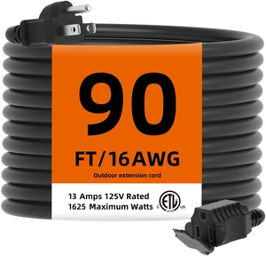 Indoor Outdoor Extension Cord Waterproof, 90 Feet 3 Prong Power Cord for Home and Garden, 16 AWG, 13A/1625W, ETL Listed Indoor Outdoor Extension Cord Waterproof, 90 Feet 3 Prong Power Cord for Home and Garden, 16 AWG, 13A/1625W, ETL Listed