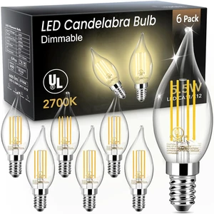 LED Candelabra Light Bulb, Chandelier E12 Light Bulb, 60W Equivalent Candle Flame Tip 2700K, 5.5W 600LM, Dimmable, E12 Base, CA11, 80+ CRI, Clear Filament Bulb for Chandelier, Lamp, Candle light LED Candelabra Light Bulb, Chandelier E12 Light Bulb, 60W Equivalent Candle Flame Tip 2700K, 5.5W 600LM, Dimmable, E12 Base, CA11, 80+ CRI, Clear Filament Bulb for Chandelier, Lamp, Candle light